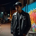 Home 19 토미 카라비티 Tommy Karate 의 마피아 살인과 처벌 - A gritty urban scene at night in a poor neighborhood of a Spanish-speaking city, dim streetlights ca...
