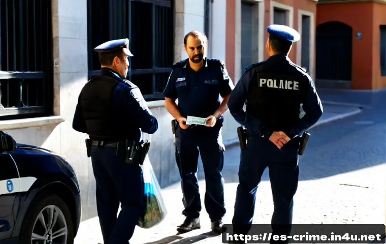 모리스 비소니 Maurice Bissonnette 의 은행 강도 사건 - Photorealistic Spanish bank exterior during a police investigation, middle-aged male suspect in hand...